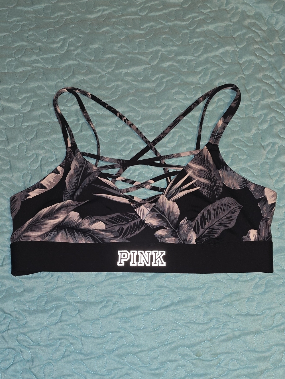 PINK Victoria's Secret Black Sports Bra Gray Palm Print, Strappy Details